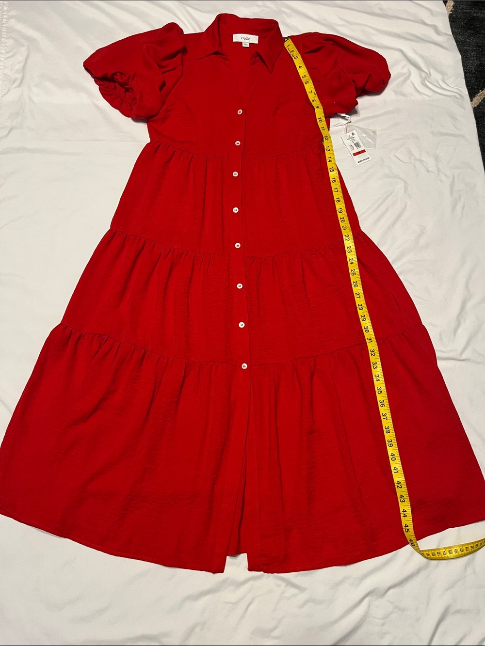 CeCe Red Button-Front Tiered Midi Dress - Picture 4 of 8